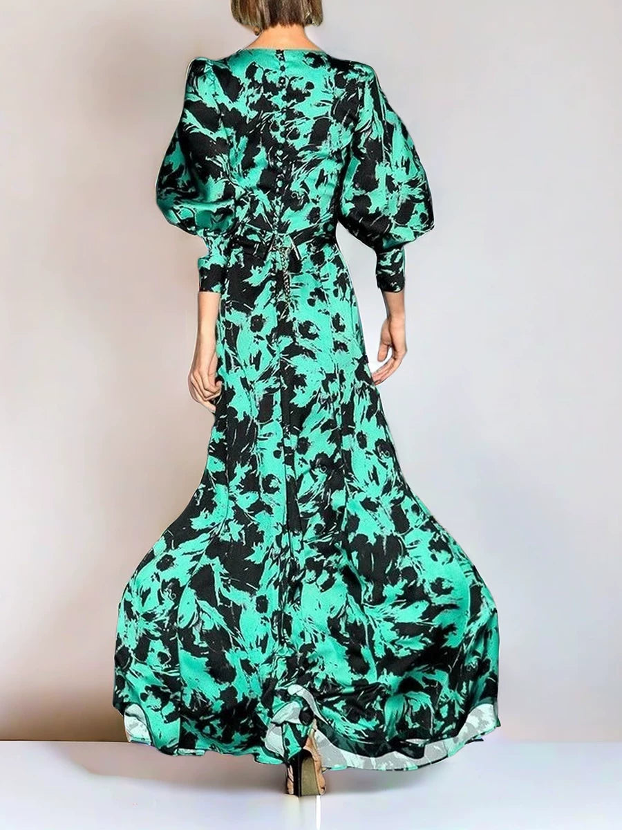 GREEN SATIN LANTERN SLEEVE V-NECK DRESS FOR WEDDING