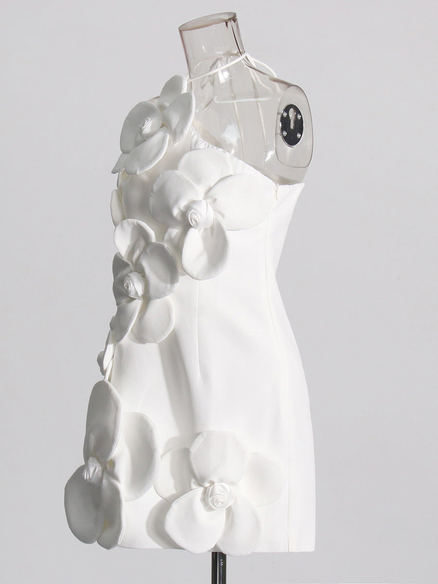 WHITE FLORAL HALTER MINI DRESS FOR WEDDING GUEST