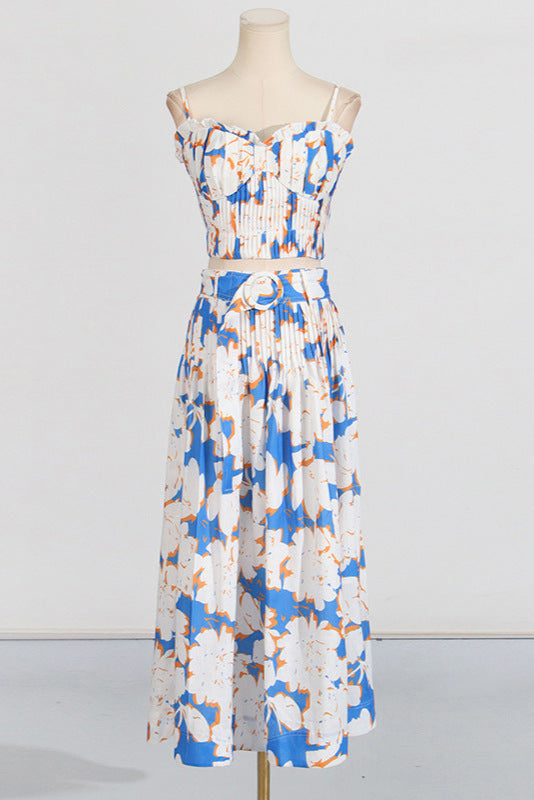 PLEATED FLORAL BUSTIER TOP & SKIRT SET, BLUE, BEACH