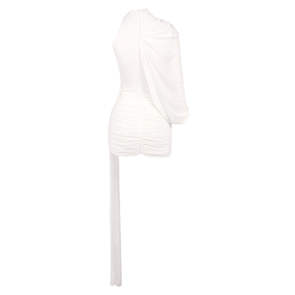 OFF-SHOULDER BODYCON MINI DRESS, PLEATED RIBBON, WHITE