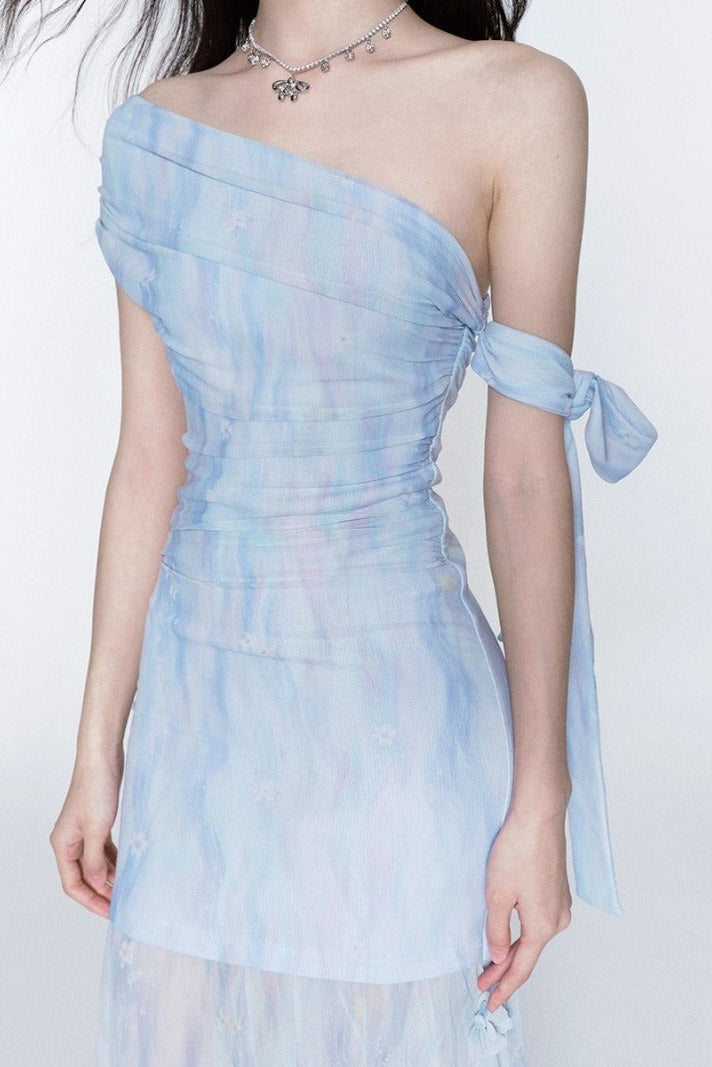 ROSALIND ONE-SHOULDER PLEATED BLUE MAXI DRESS