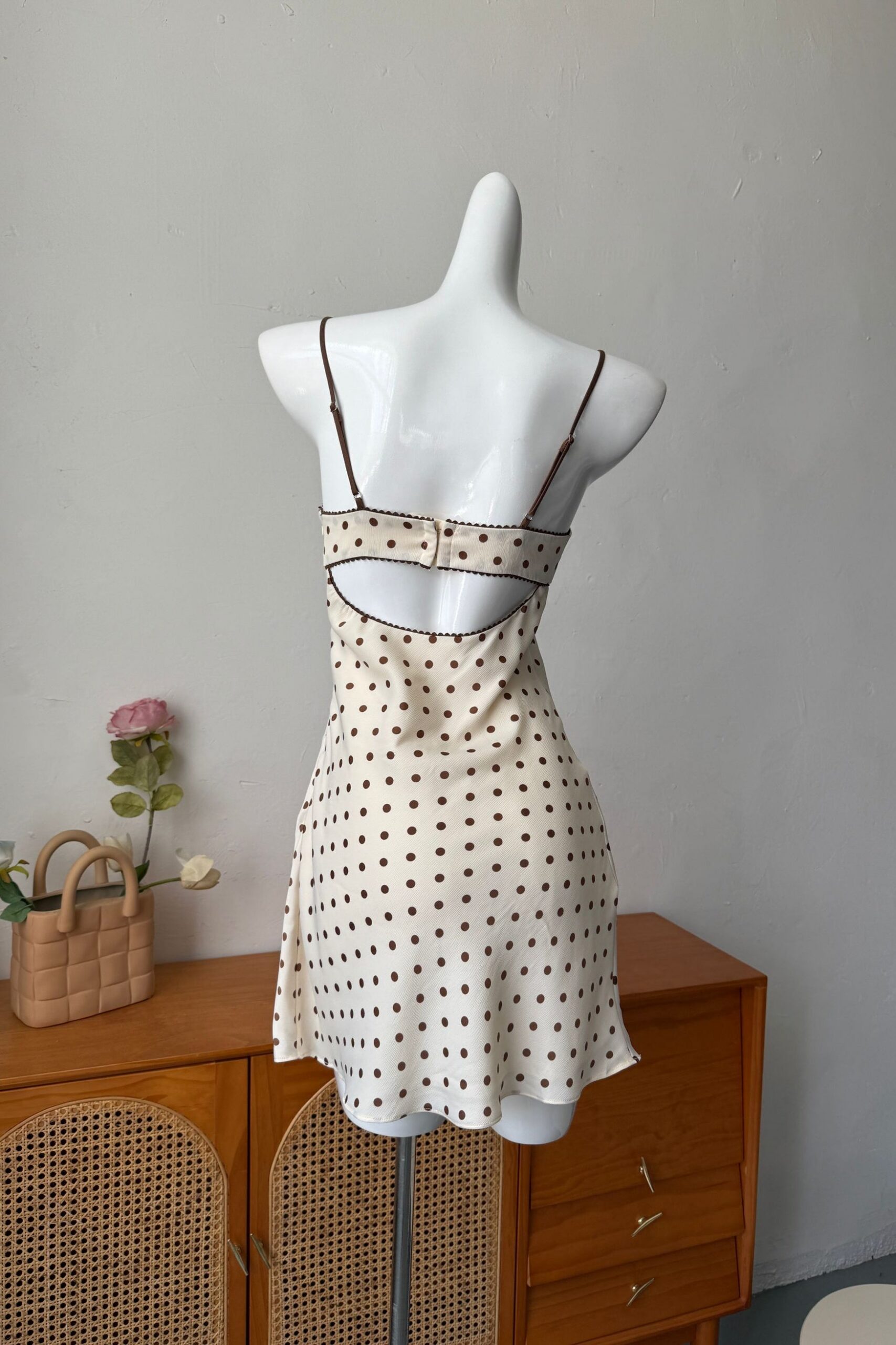 SATIN POLKA DOT MINI DRESS, BEIGE PARTY