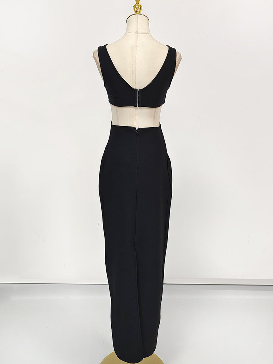BLACK V-NECK HOLLOW OUT MAXI DRESS FOR WEDDING GUEST