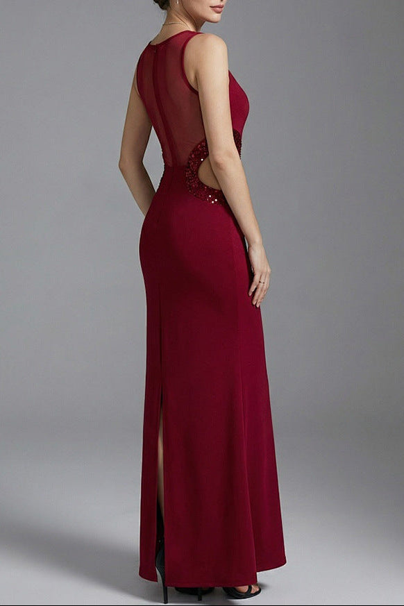 BEADED CUTOUT CREPE MAXI DRESS IN BURGUNDY
