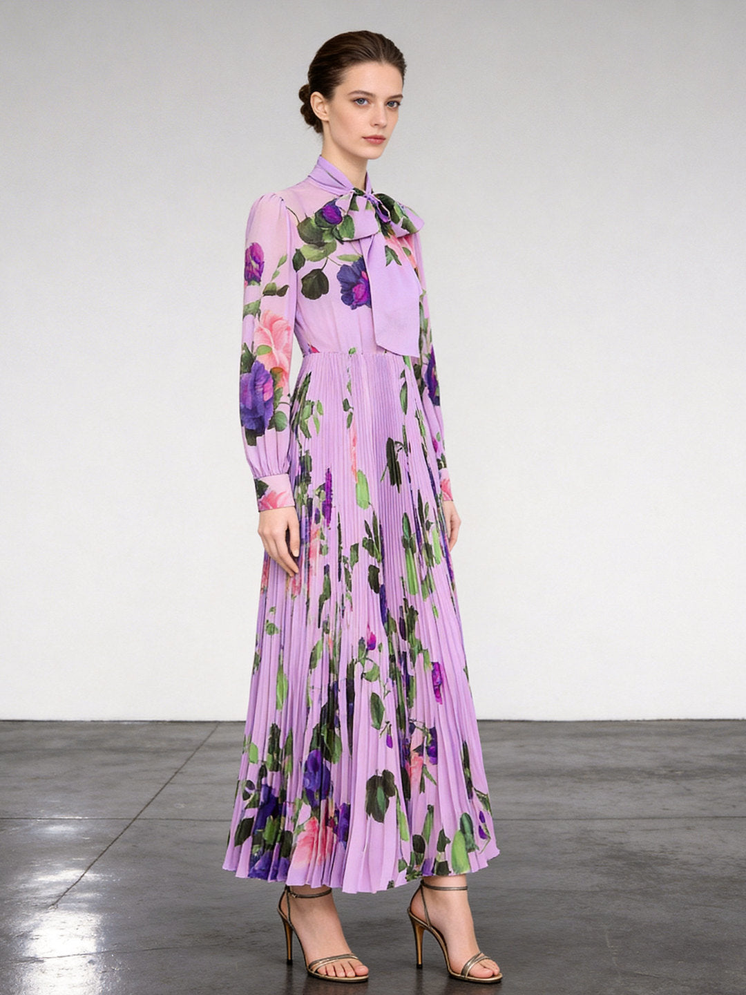 PURPLE FLORAL LONG SLEEVE PLEATED DRESS FOR WEDDING