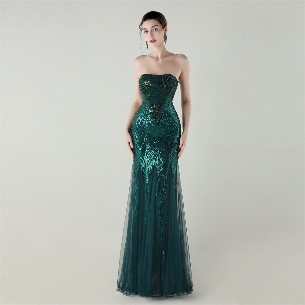 SEQUIN STRAPLESS TULLE MAXI DRESS FOR PARTY