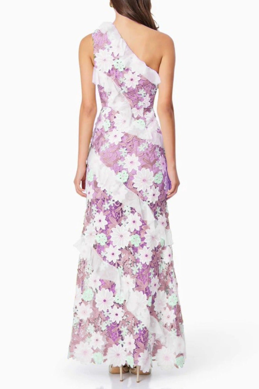 PURPLE FLORAL ONE SHOULDER LACE MAXI DRESS