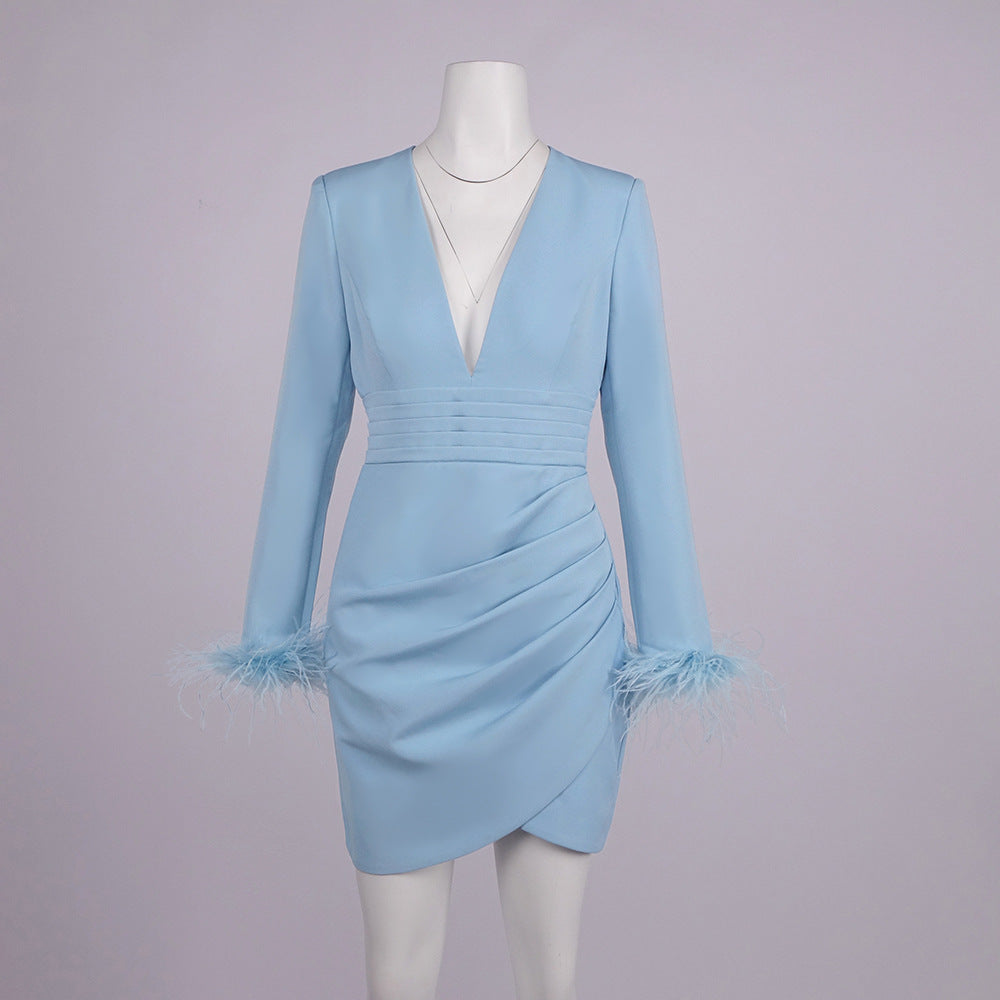 DEEP V FEATHER SLEEVE BLAZER MINI DRESS LIGHT BLUE