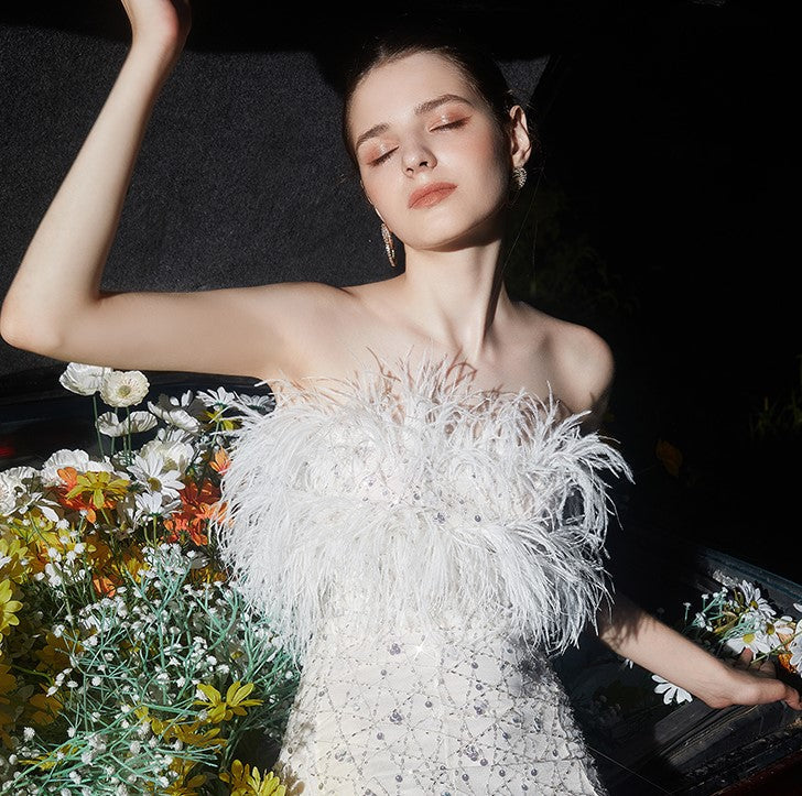 HAUTE COUTURE WHITE FEATHER SEQUIN DRESS