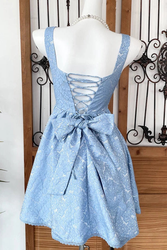 BEADED SQUARE NECK BOW A-LINE MINI DRESS FOR PARTY