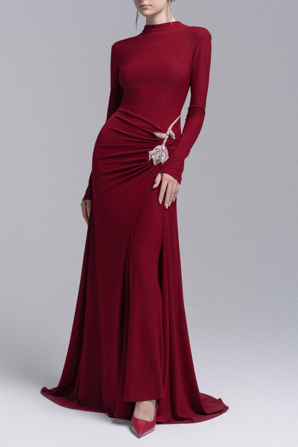 RED ROSE EMBELLISHED SHEATH GOWN, WEDDING GUEST
