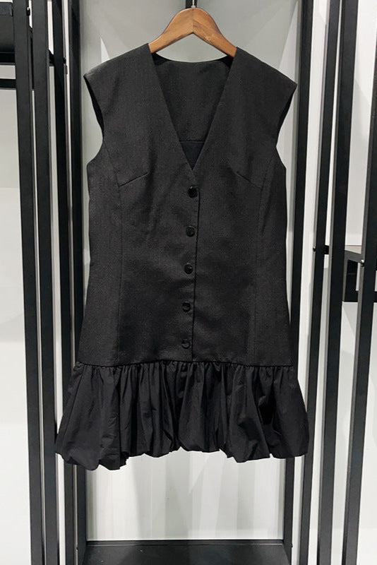 BUTTON FRONT BUBBLE HEM MINI DRESS, BLACK