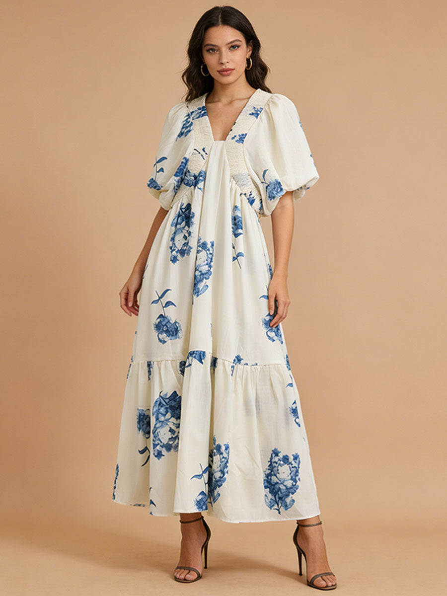 SUSIE SMOCKED PUFF SLEEVE MIDI DRESS - BLUE COCKTAIL