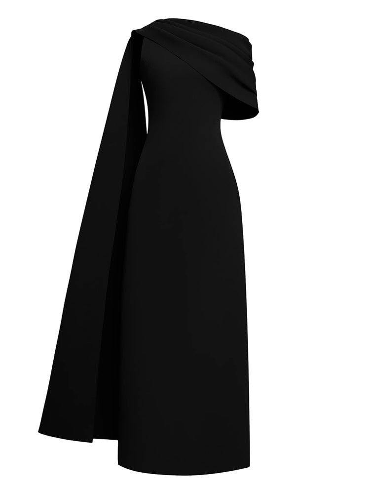 ONE-SHOULDER ASYMMETRIC PLEATED MAXI DRESS IN BLACK