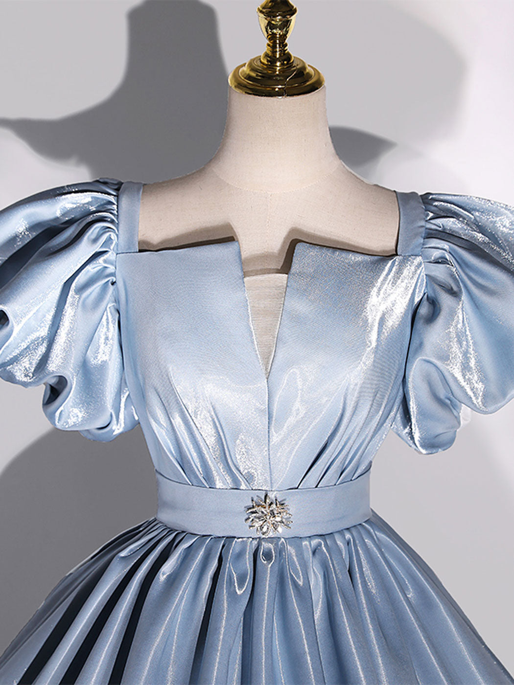 BALL GOWN PUFF SLEEVE BLUE FORMAL DRESS