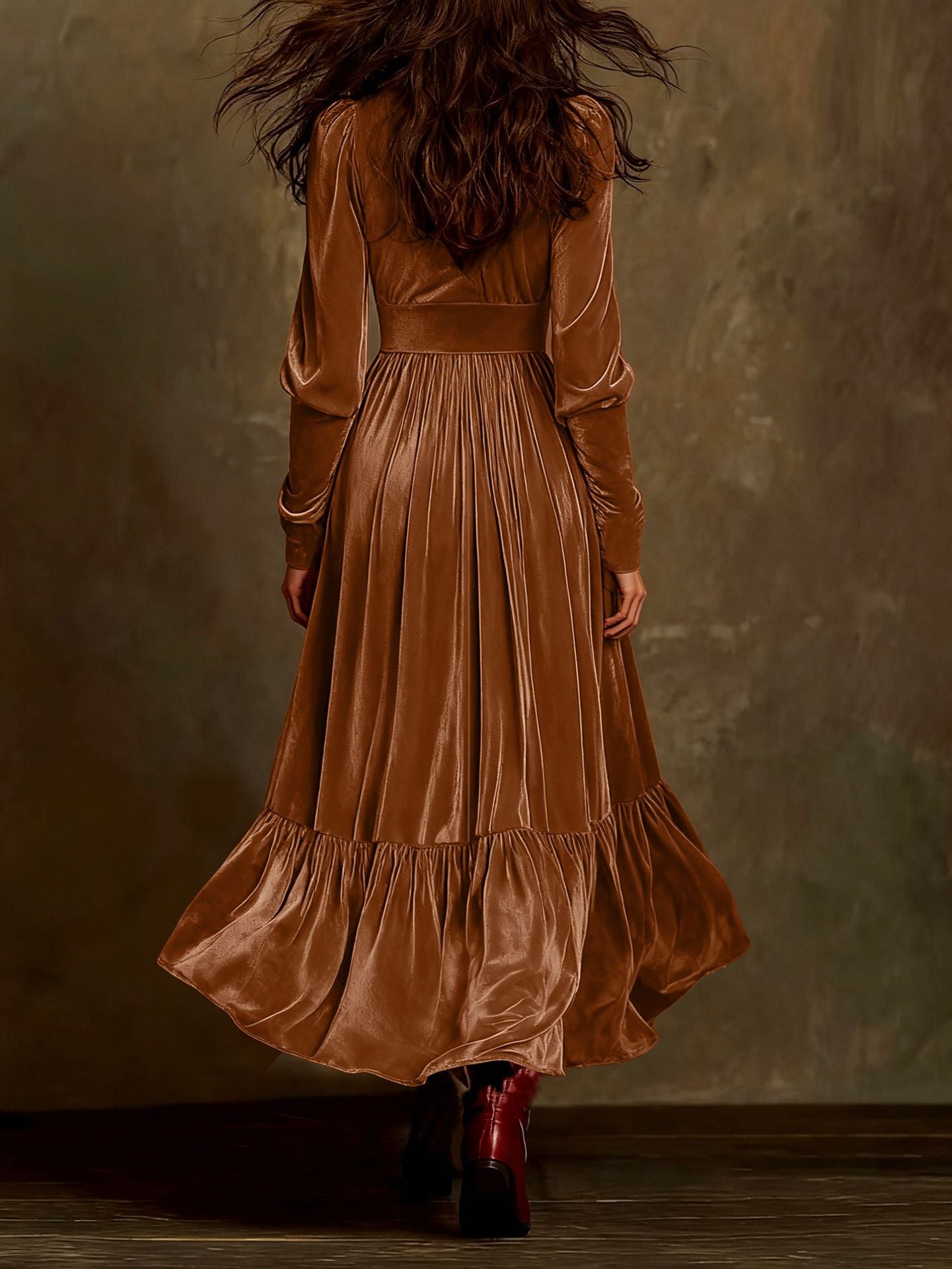 RETRO V-NECK VELVET RUFFLE SWING DRESS
