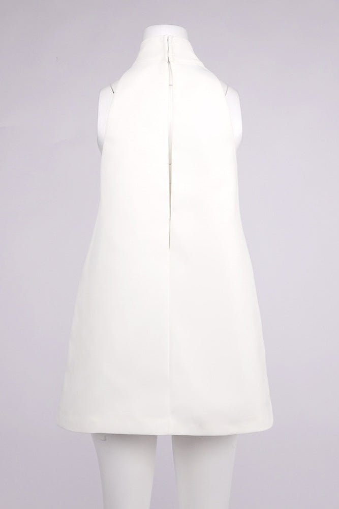 V-NECK BACKLESS HALTER CREPE DRESS - WHITE