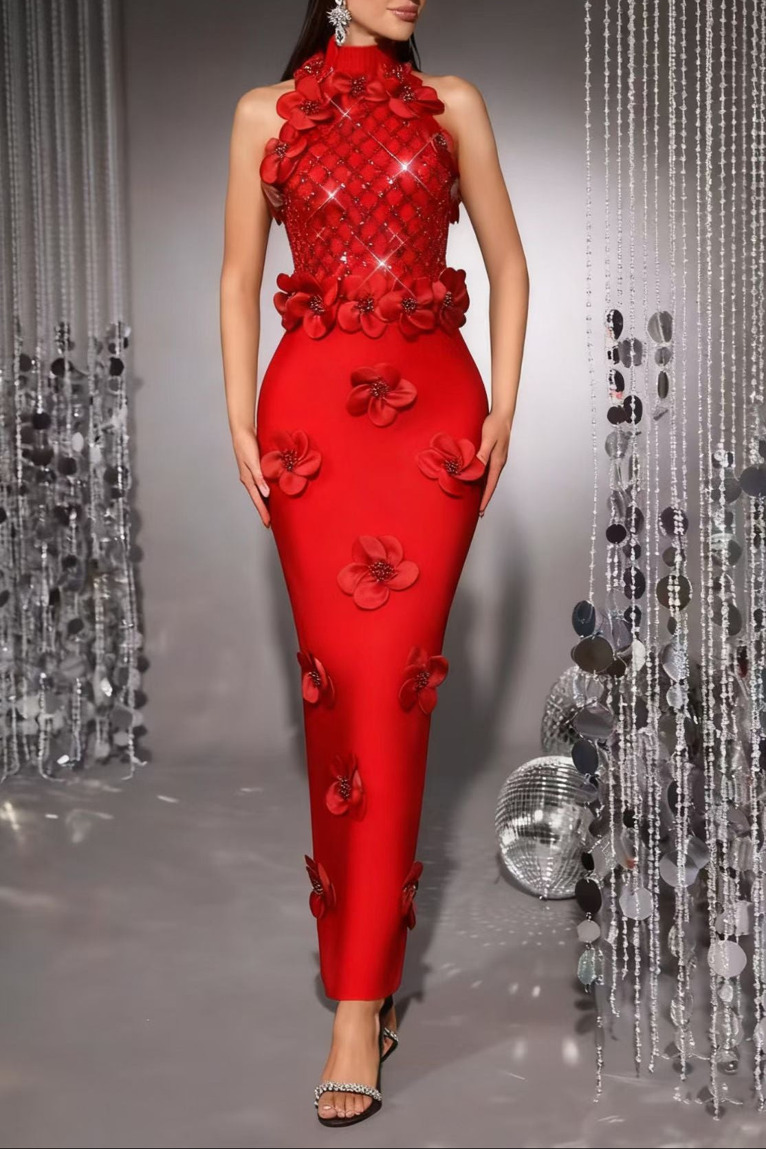 O1CN01ler82j1ut6jlUiUis__2219582456094-0-cib PHOENIX 3D FLOWER SEQUIN HALTER MAXI DRESS, RED
