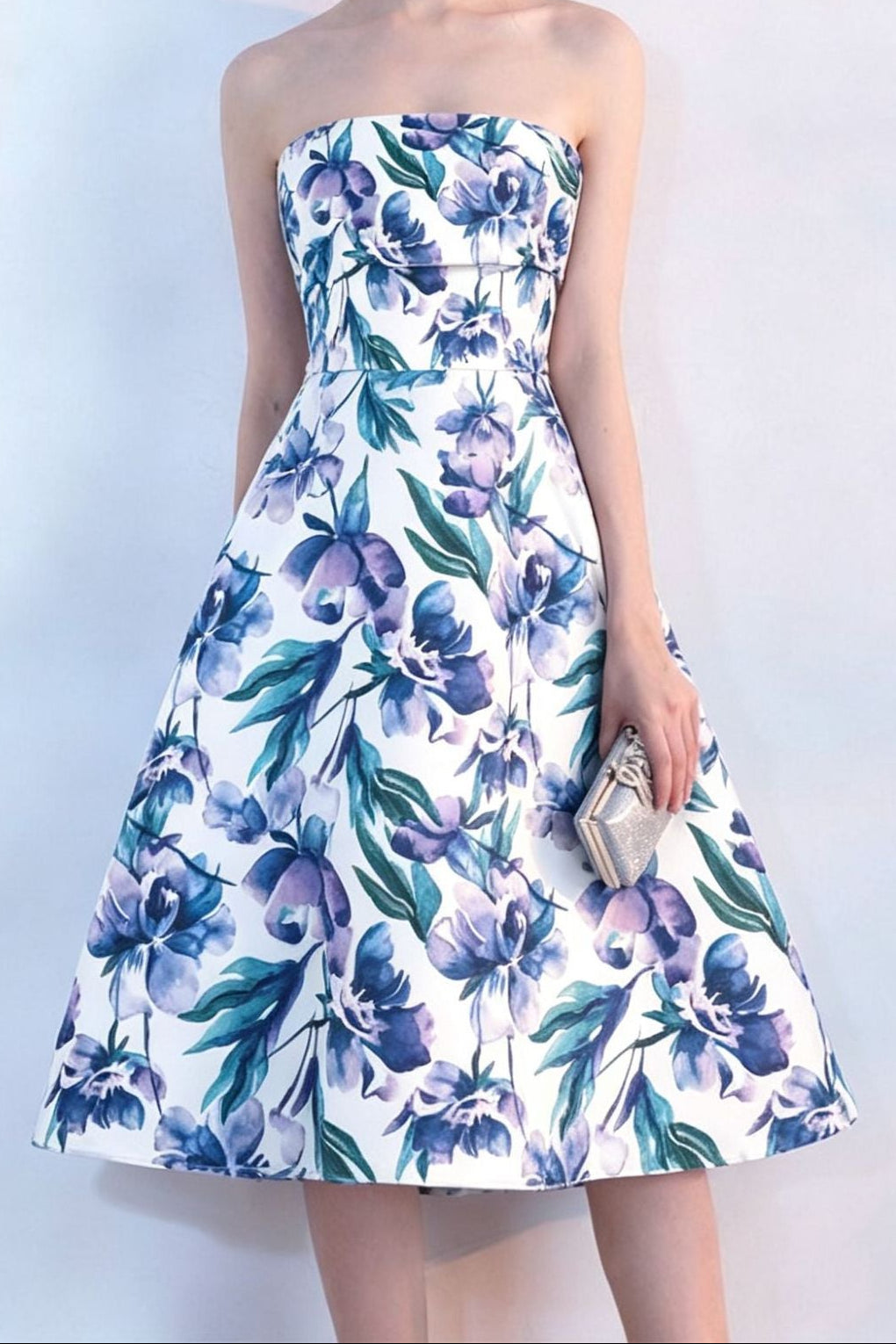 FLORAL STRAPLESS MIDI DRESS FOR PARTY