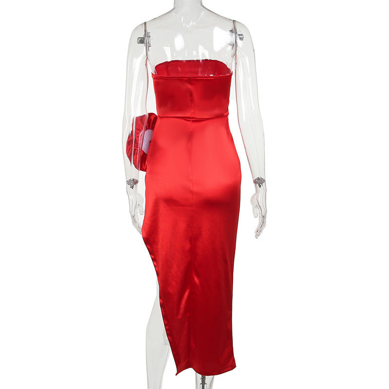 STRAPLESS FLOWER SATIN MIDI DRESS FOR WEDDING