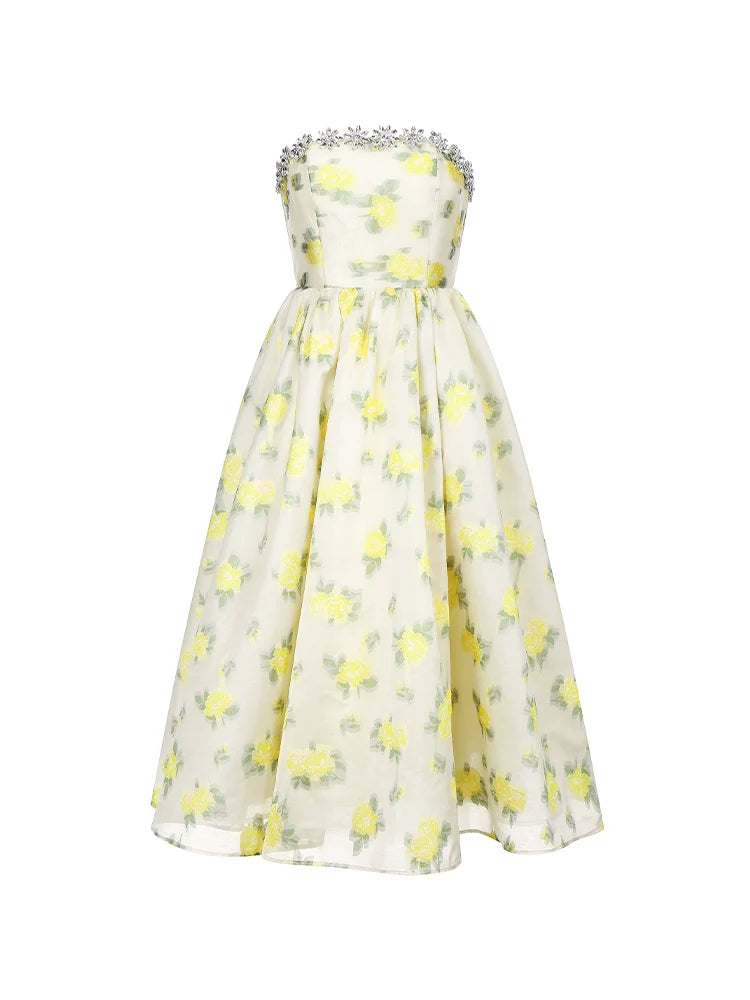 LEMON YELLOW STRAPLESS LONG COCKTAIL DRESS