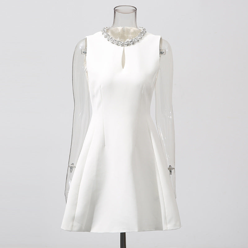 ALYSSA WHITE SLEEVELESS ROUND NECK DIAMOND DRESS
