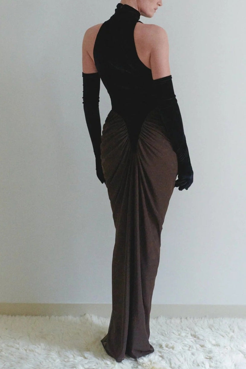 VELVET MESH PATCHWORK MAXI BLACK COCKTAIL DRESS