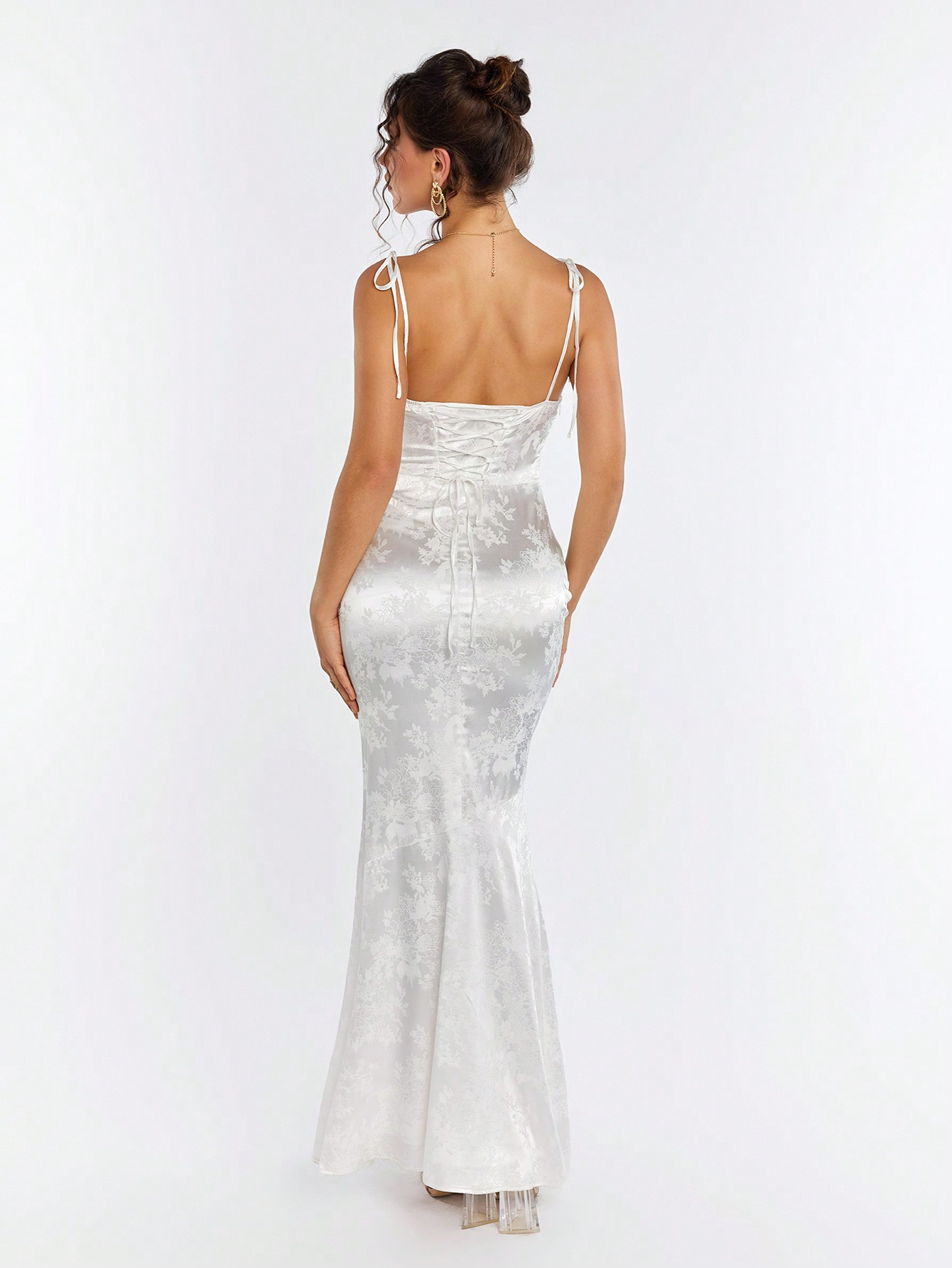 SATIN JACQUARD MERMAID MAXI DRESS, OPEN BACK, SLIM SILHOUETTE