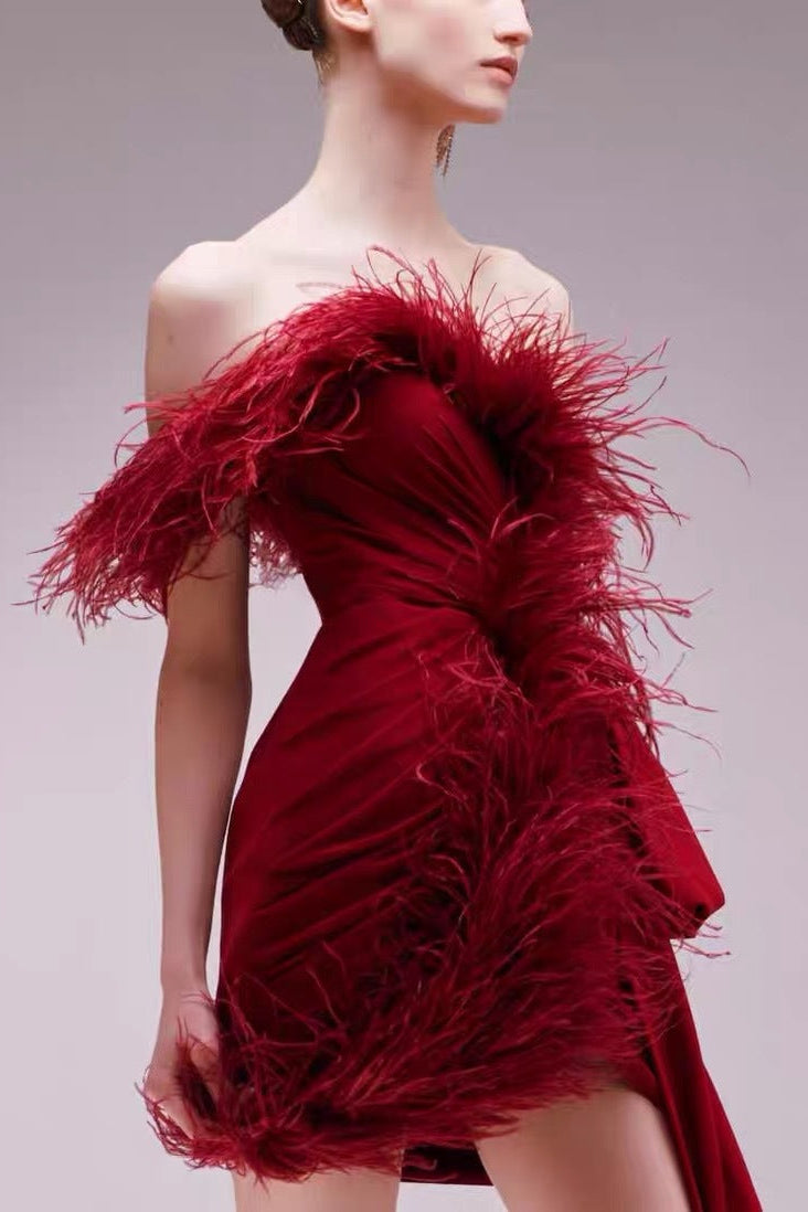 BURGUNDY FEATHER STRAPLESS MINI DRESS, PARTY