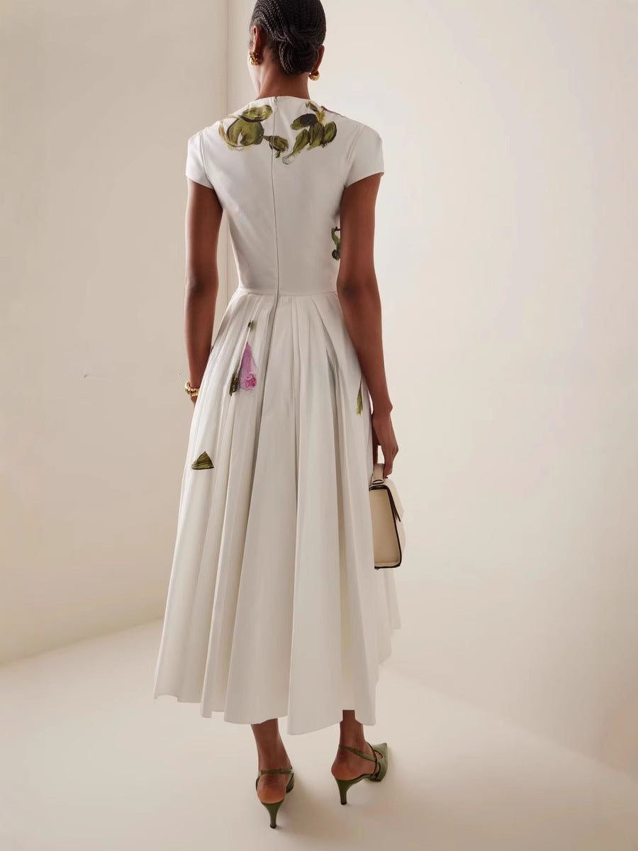ROSE PRINT MIDI DRESS, CREW NECK, SHORT SLEEVES