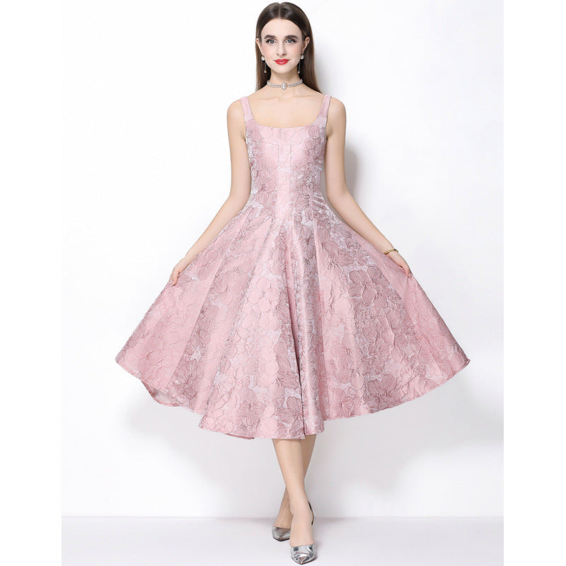 BEVERLY PINK VINTAGE JACQUARD SLIP MIDI DRESS