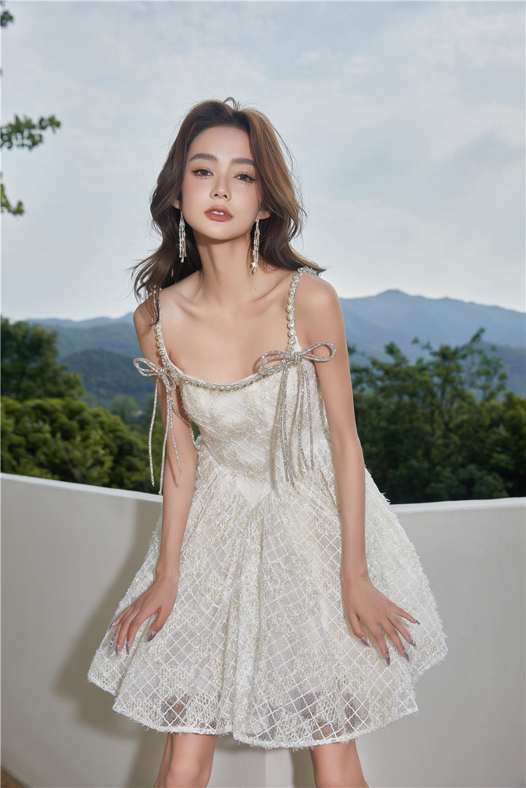 BEIGE SQUARE NECK LACE SLEEVELESS COCKTAIL DRESS