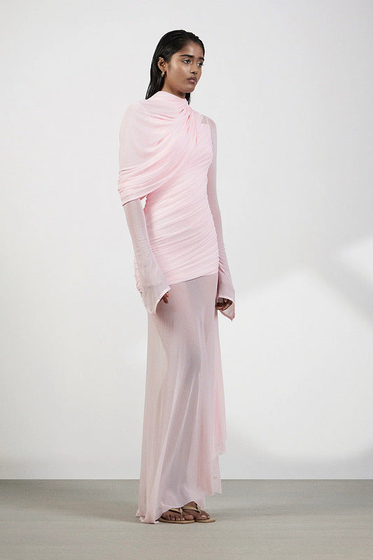 HIGH-NECK PLEATED MESH MAXI DRESS, PINK