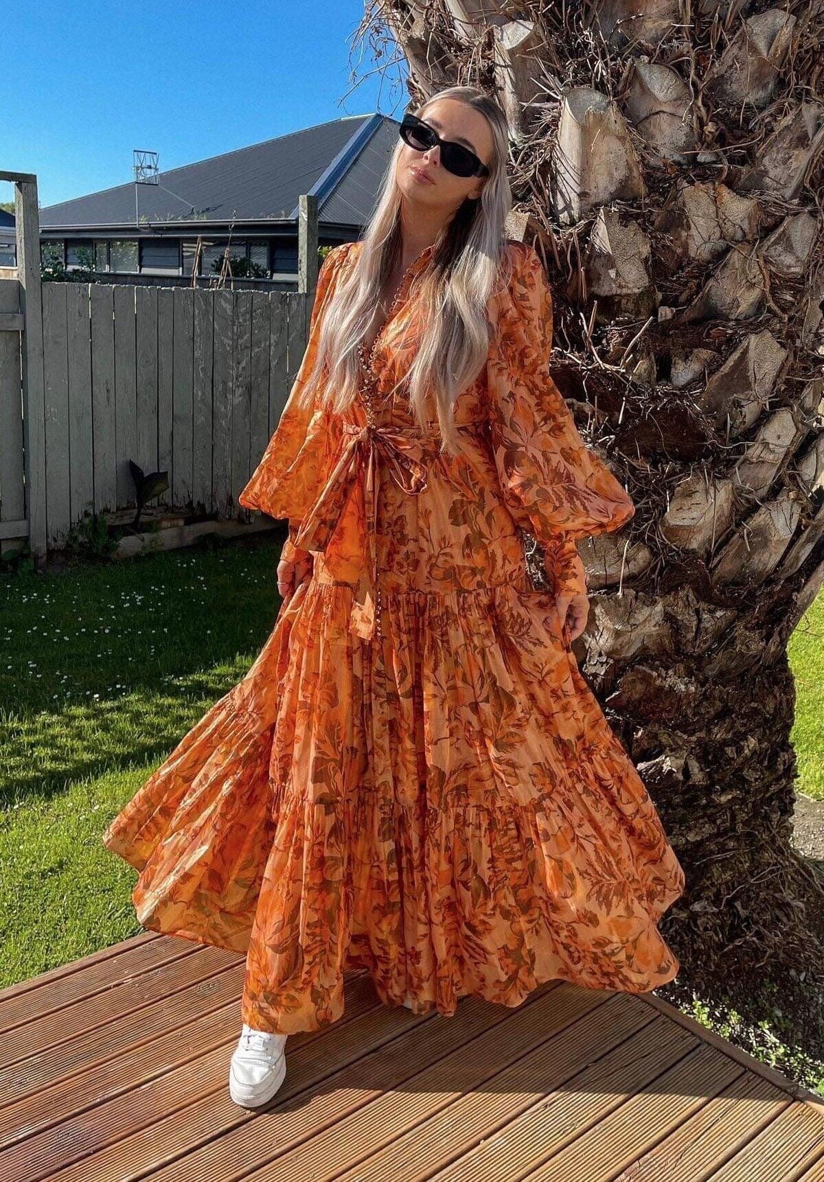 BROWN PRINTED BALLOON SLEEVE MAXI DRESS FOR WOMEN