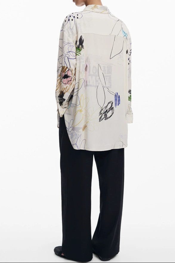 CREAM ABSTRACT FLORAL OVERSIZED SHIRT FOR CASUAL STYLE