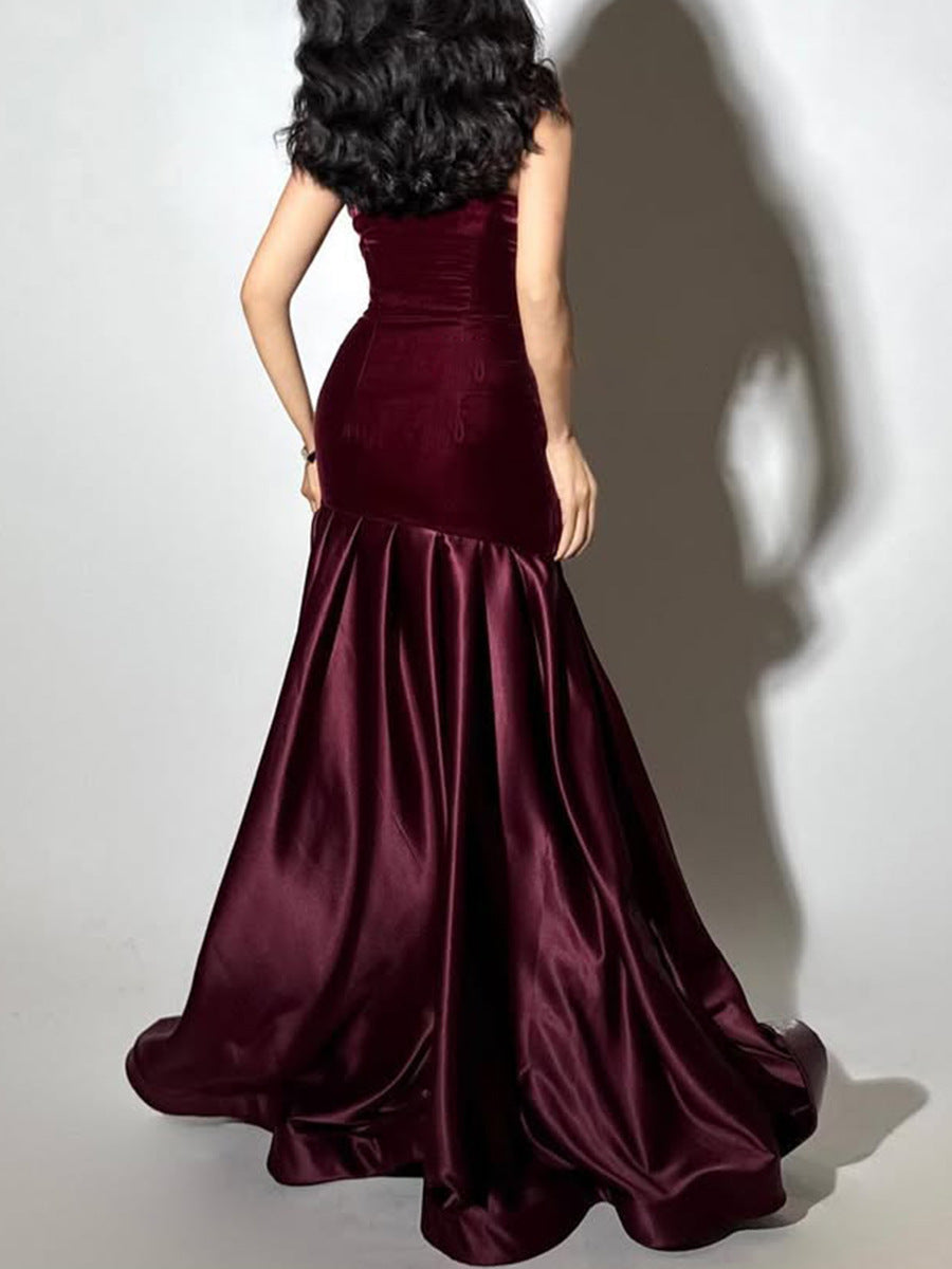 TIFFANY STRAPLESS SPLICING MAXI DRESS - BURGUNDY