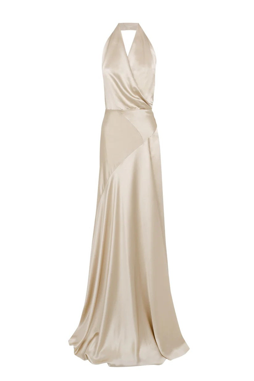 KAY CHAMPAGNE SATIN HALTER MAXI DRESS