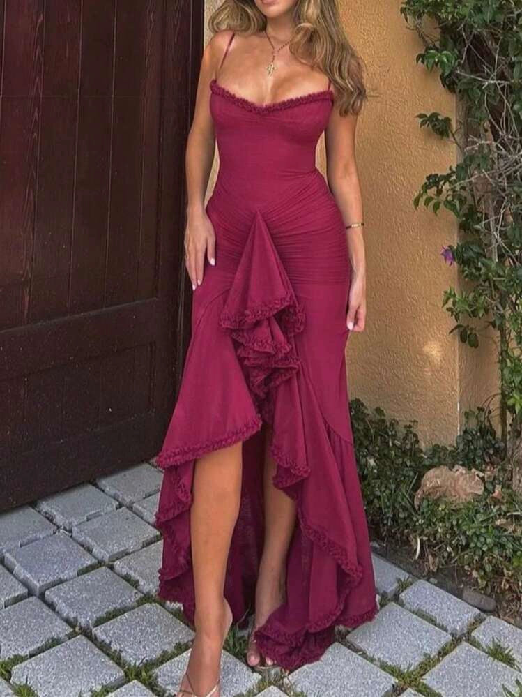 O1CN01mBR9Gb1Wwj50LnJGe__441782853 BURGUNDY MESH RUFFLE WAIST MAXI DRESS FOR WEDDING