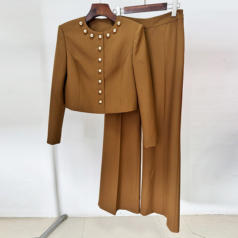 MIRANDA PALE BROWN BUTTON JACKET TWO-PIECE SET