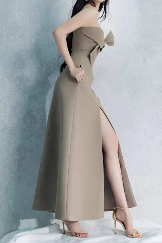 ALBERTA BOWKNOT STRAPLESS SLIT MIDI GREY GREEN