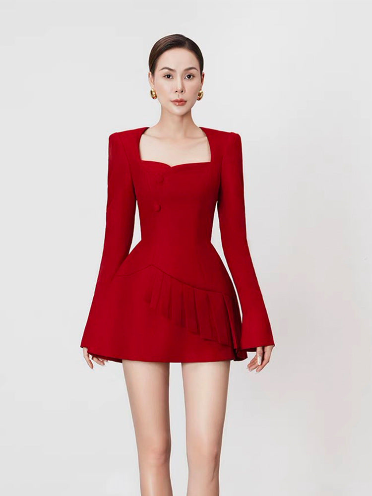 VICTORIA RED SQUARE NECK A-LINE MINI DRESS FOR PARTY