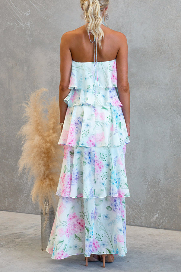 FLORAL RUFFLE HALTER MIDI DRESS FOR SUMMER