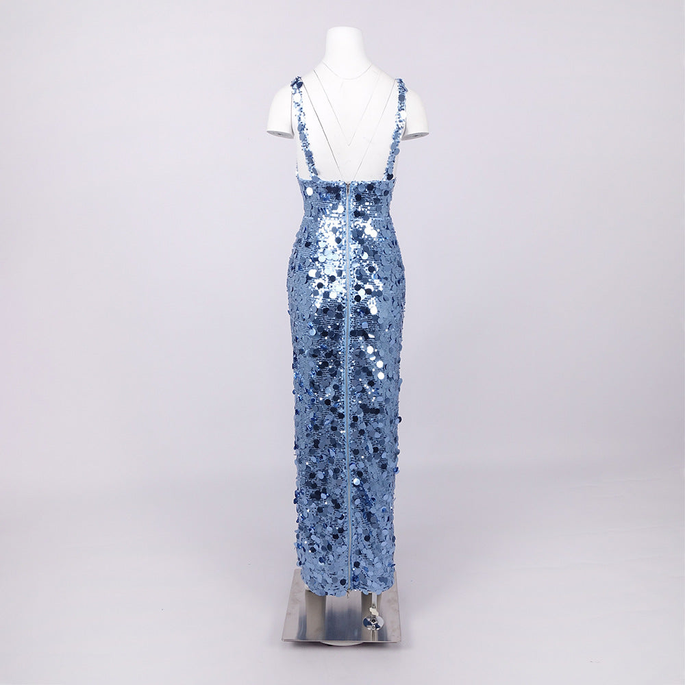 ROBERTA SEQUIN DEEP V-NECK COLUMN GOWN BLUE