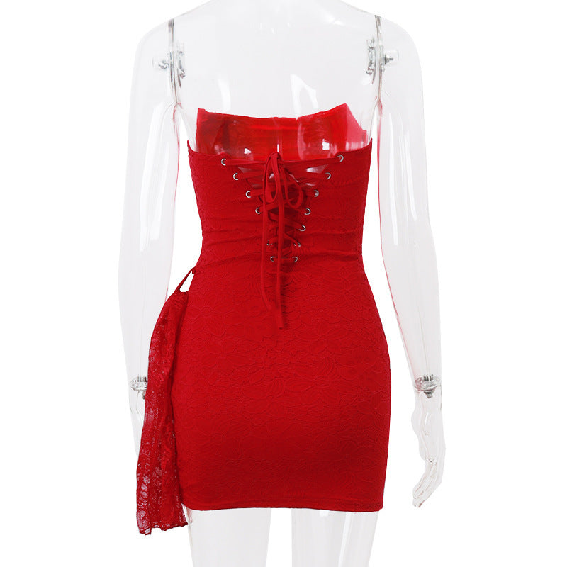 RED STRAPLESS LACE CORSET TUBE MINI DRESS FOR PARTY
