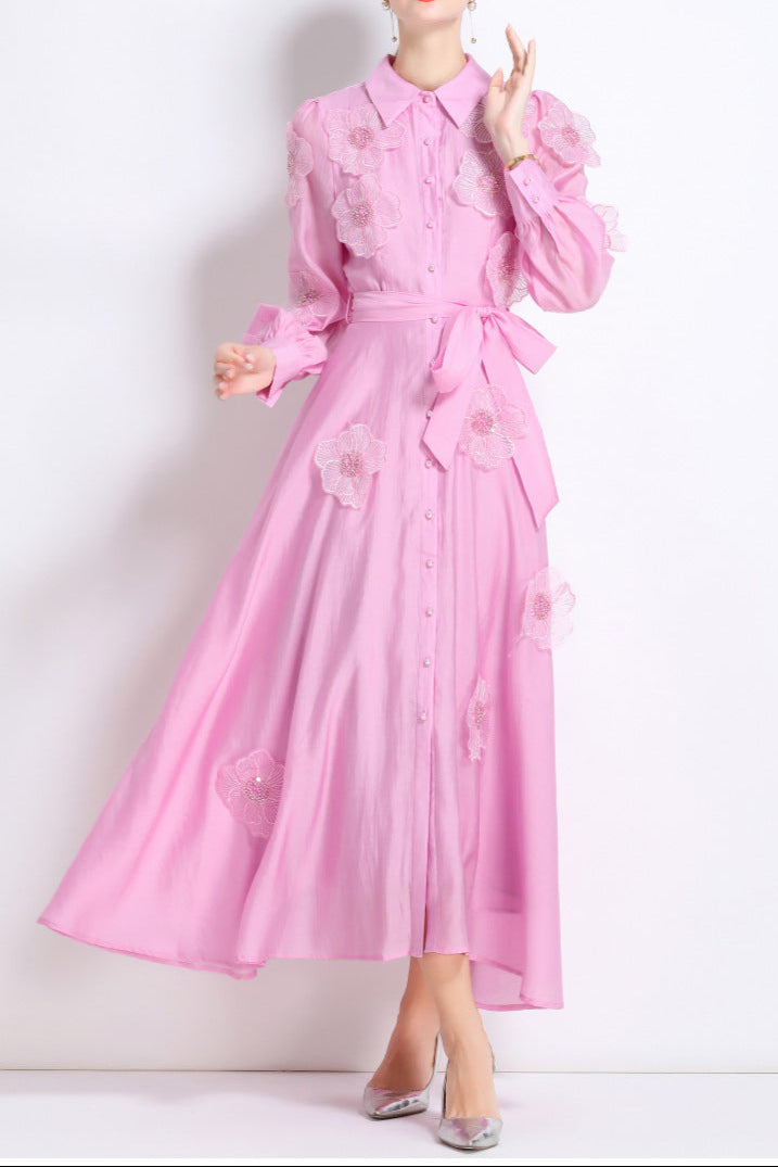 SALLY EMBROIDERED APPLIQUÉ MIDI DRESS, PINK