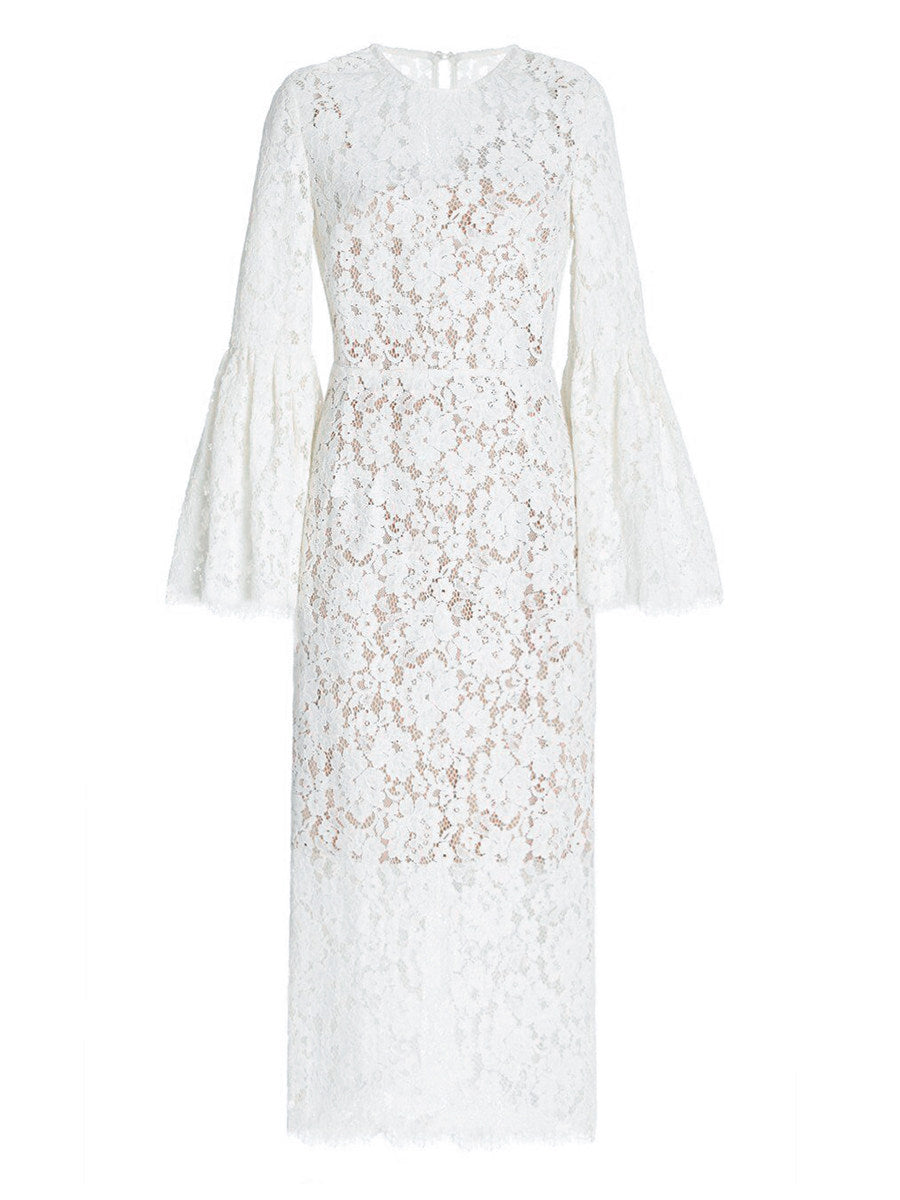 WHITE LACE HOLLOW MIDI DRESS FOR WEDDING