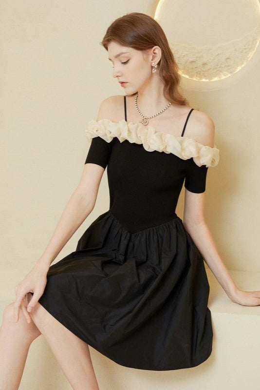 OFF-SHOULDER RUFFLE MINI DRESS, BLACK, PARTY