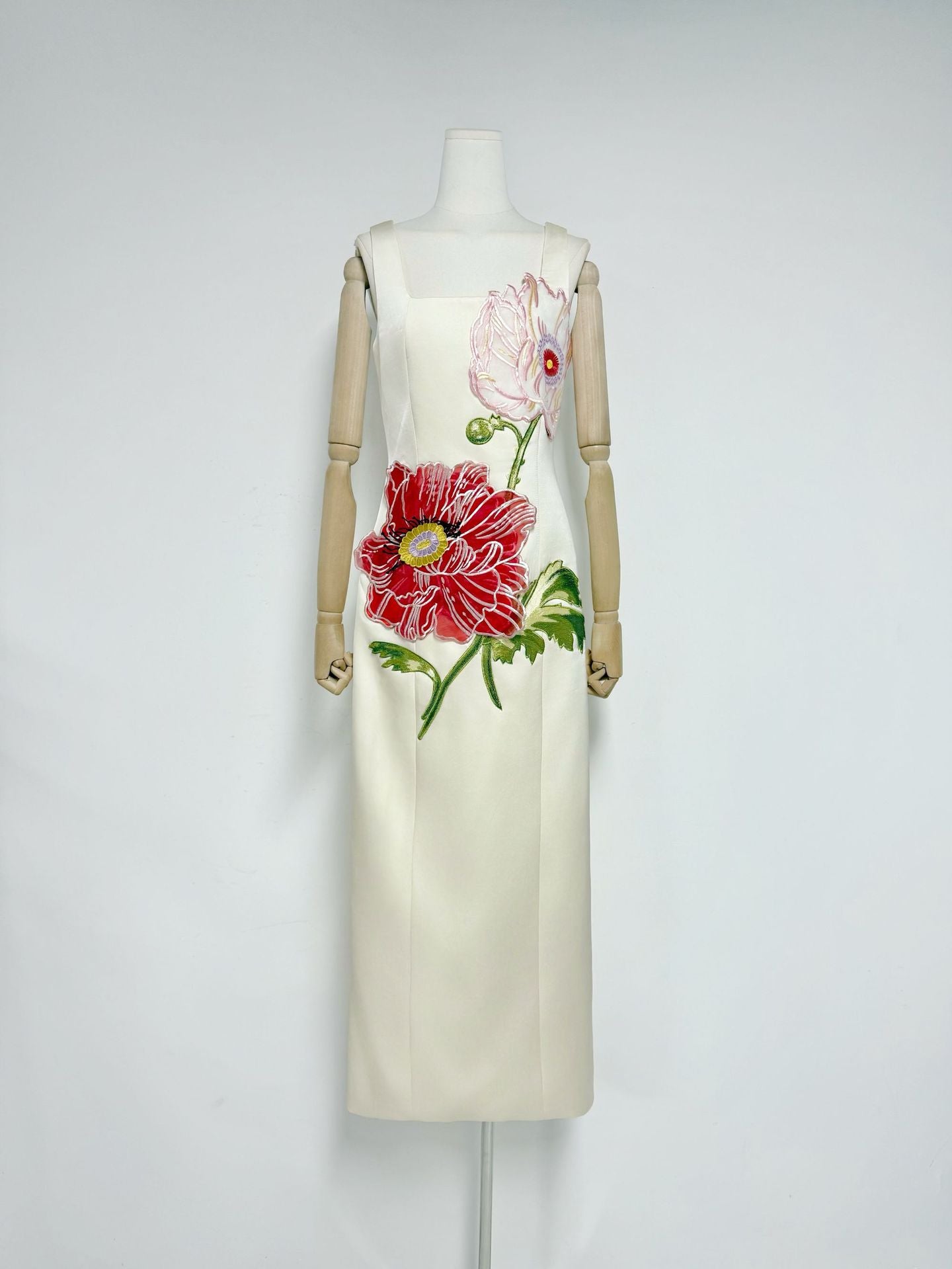 NICOLA SQUARE NECK EMBROIDERED SATIN MAXI DRESS