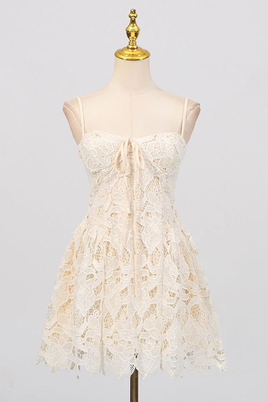 LACE HOLLOW SLEEVELESS YELLOW MINI PARTY DRESS