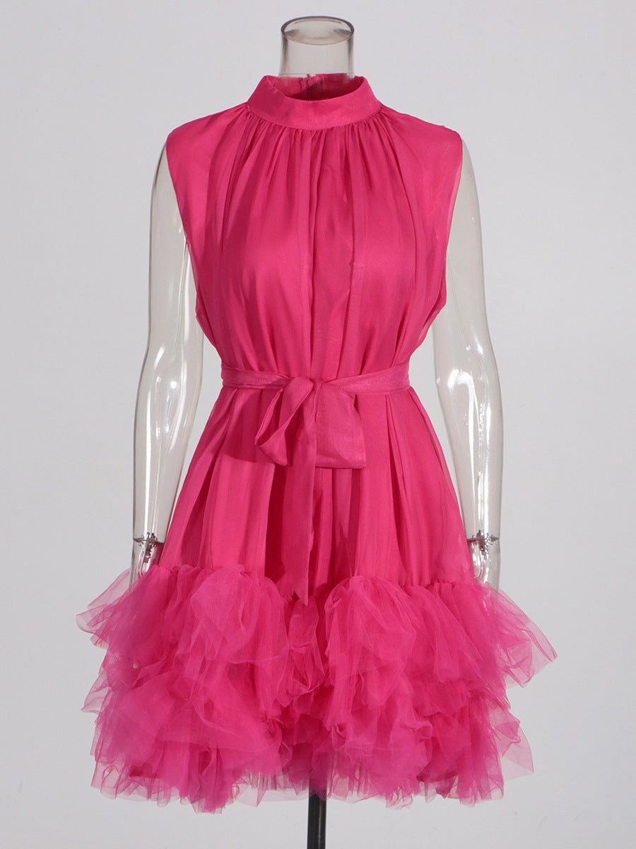 HALF HIGH NECK TULLE MINI DRESS PINK